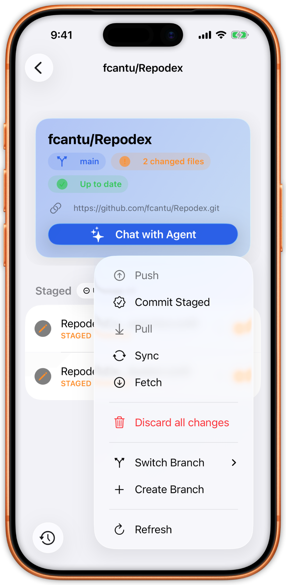 Git actions menu with push, commit, pull, sync, fetch