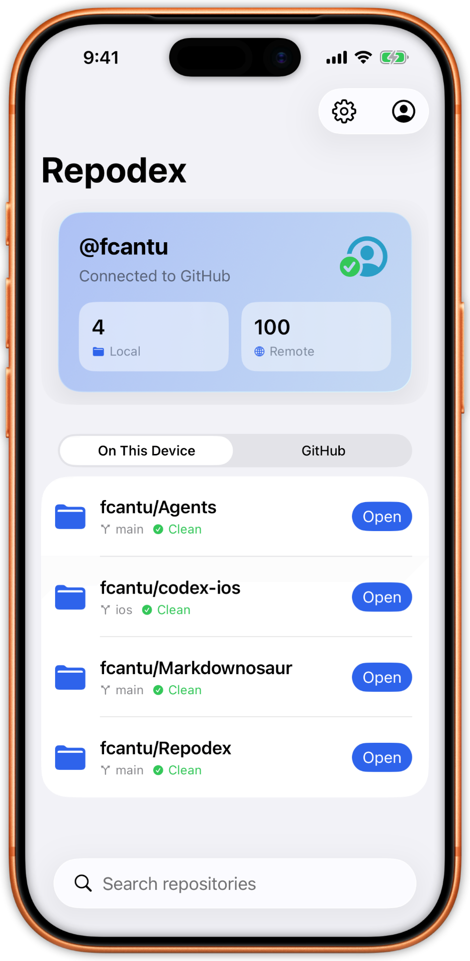 Repodex home screen showing cloned repositories