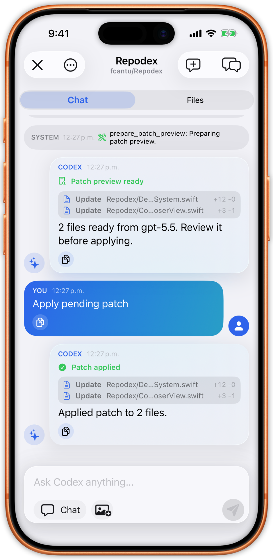 Patch applied confirmation in chat