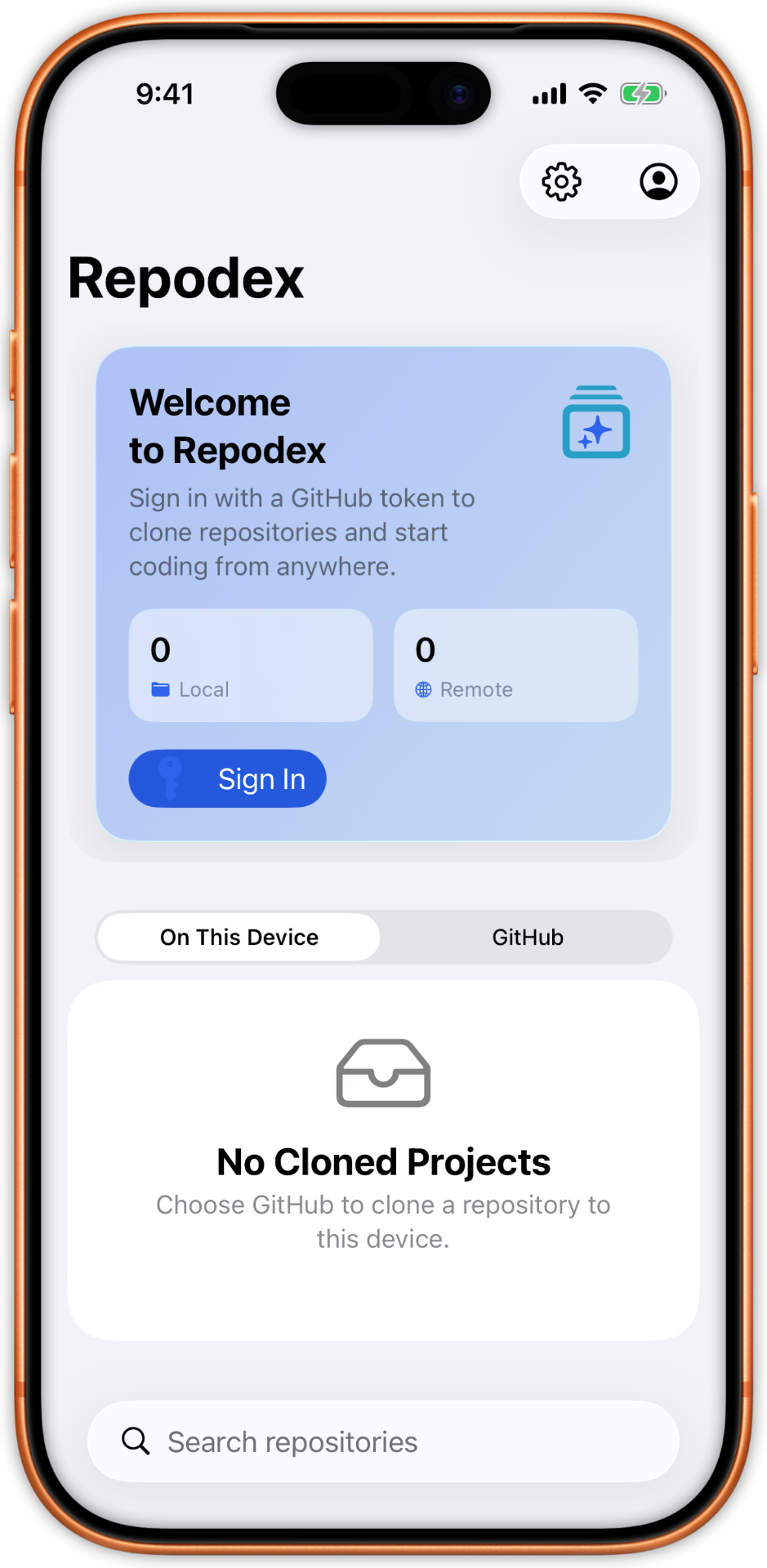 Repodex welcome screen with GitHub sign-in